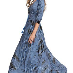 Graphic Three-Quarter-Sleeve Long Maxi Blue